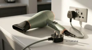 The power cable and British 3-pin plug of a ceramic hair dryer, ensuring compatibility with UK electrical outlets.