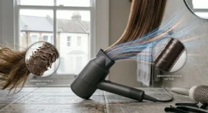 Alt text for image 9: A woman with vibrant, coloured hair drying her locks with a low-heat tourmaline dryer to prevent colour fade.