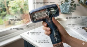 A complete set including the hair dryer and its various heat-setting accessories.
