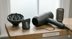 Alt text for image 8: A sleek matte grey tourmaline hair dryer laid flat on a rustic wooden shelf next to its interchangeable diffuser, concentrator nozzle, and paddle brush attachments, featuring a small plaque that reads Tourmaline Accessories Set for Optimised Care.