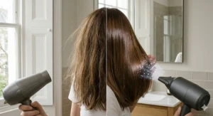 Side-by-side comparison of frizzy hair versus sleek, smooth hair after using a tourmaline-infused dryer.