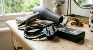 A ceramic hair dryer with a standard UK 3-pin plug, highlighting British safety standards and build quality.
