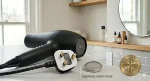 A professional ionic hair dryer featuring a standard UK three-pin plug and a removable safety filter for maintenance.