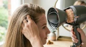 An illustration showing how to use a ceramic hair dryer with a round brush to create volume at the roots of fine hair.