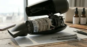 Exploded view of a 1200w hair dryer highlighting the powerful internal motor and ceramic airflow system.