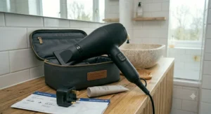 A compact, powerful 2000w hair dryer placed next to travel essentials, highlighting its portability for trips.