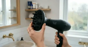 A 2000w hair dryer fitted with a wide diffuser attachment, ideal for enhancing natural curls and volume.