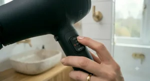 Close-up of the 2000w hair dryer showing the convenient hanging loop for tidy bathroom storage.