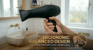 Concept illustration showing how the 2000w hair dryer uses ionic technology to reduce static and smooth hair cuticles.