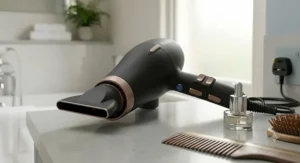 A slim concentrator nozzle attached to a 3000w hair dryer, ideal for precise, sleek blow-drying results.