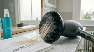 Close-up of digital controls on an adjustable heat hair dryer, showing low-temperature settings for styling fine hair safely.