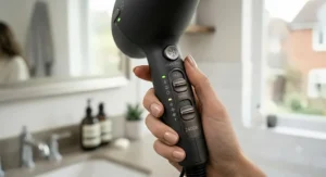 Control panel showing adjustable heat and speed settings on a high-performance 2400w hair dryer.