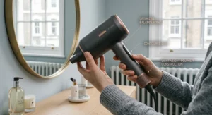 Ergonomic design of the lightweight auto-adjust hair dryer.