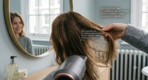 Diagram showing reduced heat damage after using an auto-adjust hair dryer.