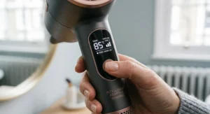 Digital display showing temperature settings on the auto-adjust hair dryer.