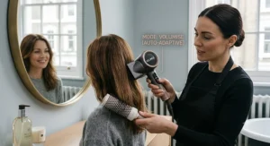 A professional stylist demonstrating how to use an auto-adjust hair dryer.