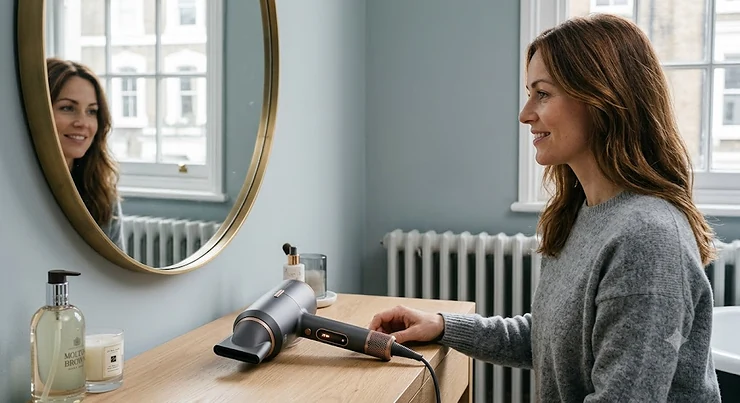 A woman styling her hair using a sleek auto-adjust hair dryer that intelligently monitors heat levels. auto adjust hair dryer