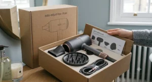 All components included with the auto-adjust hair dryer, including nozzle attachments.