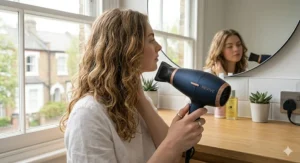 A side view of a hair dryer with a concentrator nozzle attached, demonstrating how to achieve a smooth and polished finish for a salon-quality blow-dry at home.