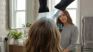 A split-frame photographic comparison showing the difference in hair texture between a hot-dried style and a set style using a cool shot for improved longevity.