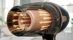 A detailed, photorealistic 4K macro photograph of the inside of a ceramic hair dryer, revealing the glow of the ceramic heating core distributing even, uniform infrared heat.