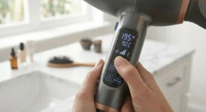 A hand selecting the cold air blast and ionic mode buttons on the handle of a premium hair dryer.