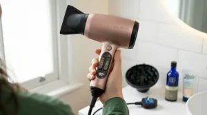 A compact, portable quick dry hair dryer packed in a stylish travel bag, perfect for taking on UK holidays or trips away.