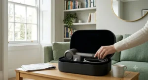 Compact, portable high speed hair dryer suitable for easy storage and travel.