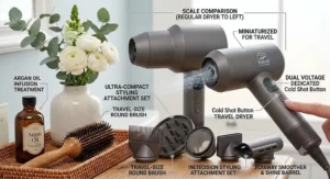 A sleek, portable heat control hair dryer, ideal for maintaining hair health while travelling.