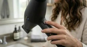Close-up of the cool shot button on a hairdryer, used for setting finished hairstyles and adding shine.
