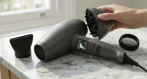 Removing the detachable rear filter for cleaning the hair dryer.