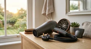 An eco-friendly hair dryer displayed alongside its magnetic styling attachments, including a curl-enhancing diffuser and a smoothing concentrator nozzle.