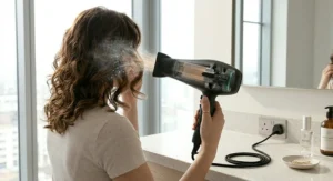 Energy-efficient 1200w hair dryer in use, showing powerful, concentrated airflow performance.