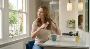 View of the ergonomic handle design on a 3 heat setting hair dryer, ensuring comfort and control during styling.