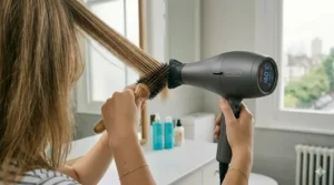An ergonomic, lightweight hair dryer being held, showcasing its balanced design for comfortable, precise styling of fine hair.