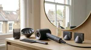 Close-up of the ergonomic, lightweight design of the smart hairdryer.