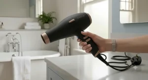 A person holding a lightweight 3000w hair dryer, demonstrating comfortable handling for extended styling sessions.