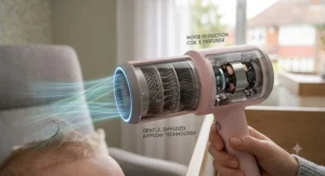 Diagram showing the diffused, gentle airflow for protecting a baby’s delicate scalp.