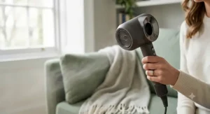 Close-up of high speed hair dryer nozzle demonstrating powerful, controlled airflow.
