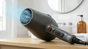 Macro view of the dedicated red cool shot button on the multi-speed hair dryer, used to set hairstyles in place with a cool air blast.