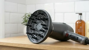 Hair dryer diffuser attachment connected to the multi-speed hair dryer, ideal for adding volume and defining natural curls.