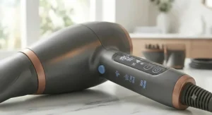 The sleek digital control panel on a modern hair dryer with cold air blast, showing heat and speed settings.