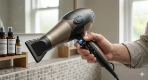 Close-up of a high-specification hair dryer being used to style long, thick hair, highlighting the device's ergonomic design and sleek navy and copper finish.