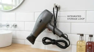 Convenient integrated storage loop on the multi-speed hair dryer, shown hanging on a hook for easy bathroom organisation.