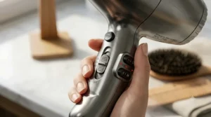 Close-up of a hand adjusting the speed and heat settings on the handle of a professional-grade titanium hair dryer.