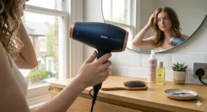 A close-up shot of a stylist holding a premium hair dryer, focusing on the intuitive button placement and the balanced weight distribution for easier handling.