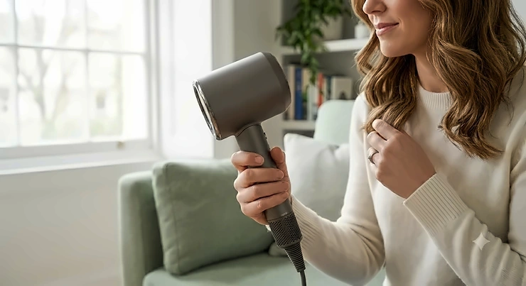 Person holding a lightweight, ergonomic high speed hair dryer for comfortable styling. high speed hair dryer