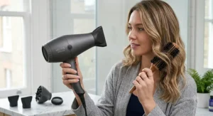 Stylist using an adjustable airflow hair dryer in a professional salon.