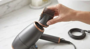 Close-up of a hand attaching a precision styling nozzle to a grey and copper hair dryer with cold air blast.