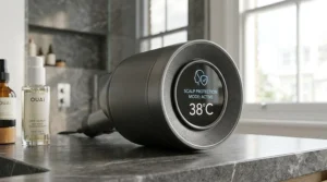 Close-up of a hairdryer display showing the scalp protection mode activated.